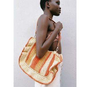 Zara woven ruffled bucket bag beige and orange